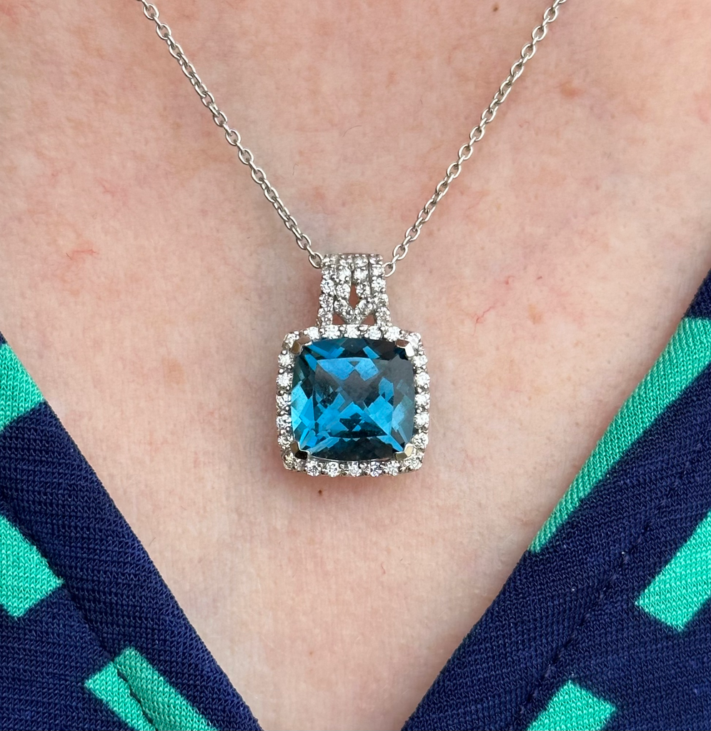 14k White Gold London Blue Topaz and Diamond Necklace Dublin