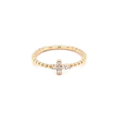 14K Yellow Gold Diamond Bead Cross Ring