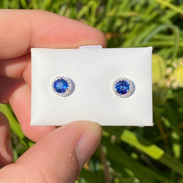14k White Gold Sapphire Stud Earrings with Diamond Halo