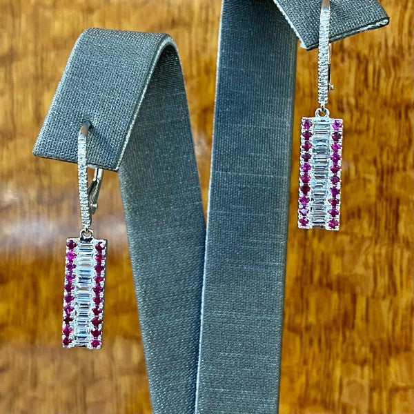 White Gold Ruby and Diamond Drop Earrings