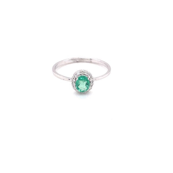 14K White Gold Emerald Diamond Halo Ring